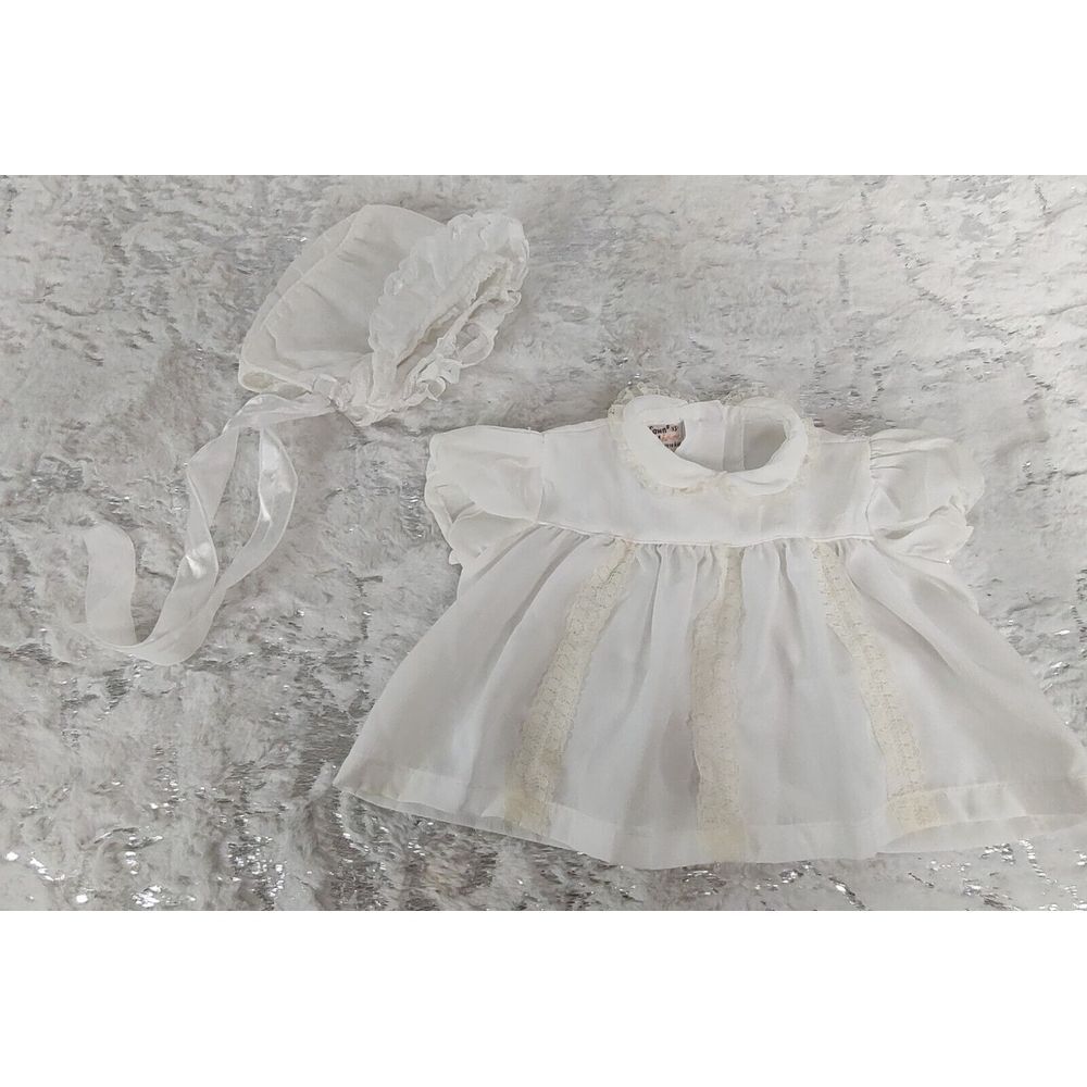 Vintage Fawn Fashions Baby Dress Bonnet Set Cream Lace XS 0-6‎ lbs